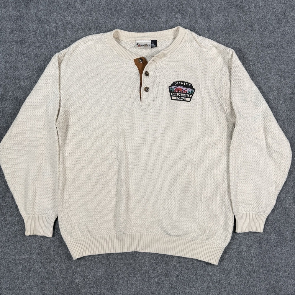VTG Disney Wilderness Lodge Sweater Mens M Cream Knit Henley Walt Disney World
